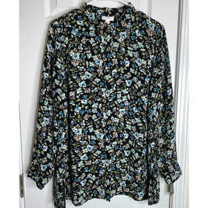 J Jill Womens Long Sleeve Button Up Blouse Size Petite Medium Blue Floral NEW
